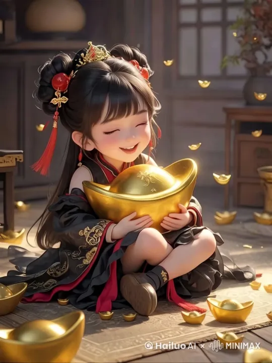 图中小女孩站起来跳舞，同时身上不停掉落元宝 by Hailuo AI Video Generator