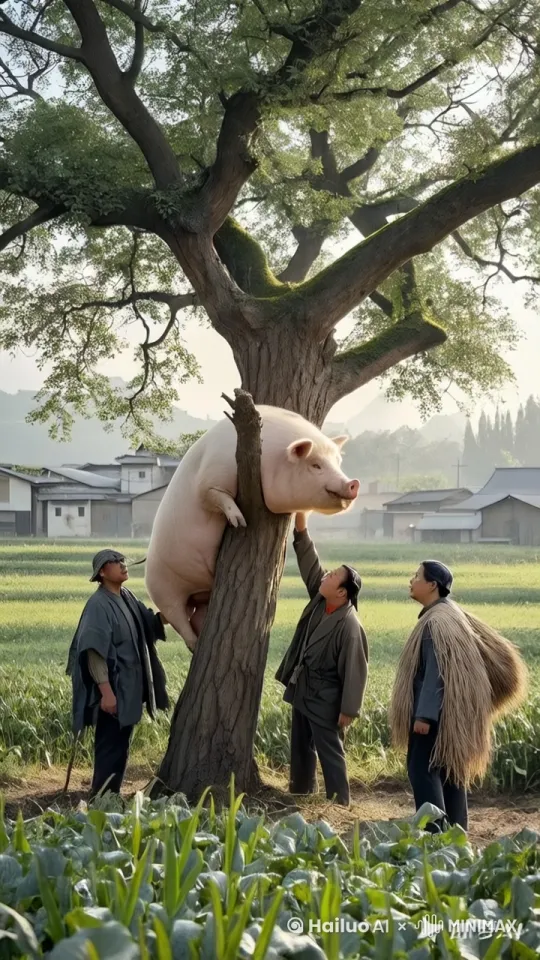 肥猪奋力得爬上树杈，众人去拉扯，肥猪在树上转圈，最后一跃而下摔倒地上哇哇叫。 by Hailuo AI Video Generator