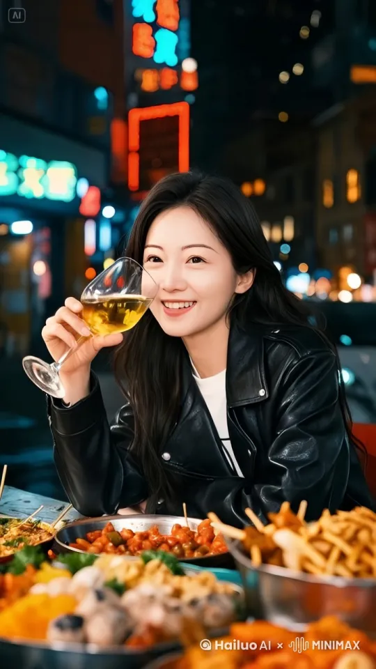 图中美女近影正面照，头发盘起，在夜宵摊位上喝着小酒，电影画质，色彩缤纷。 by Hailuo AI Video Generator