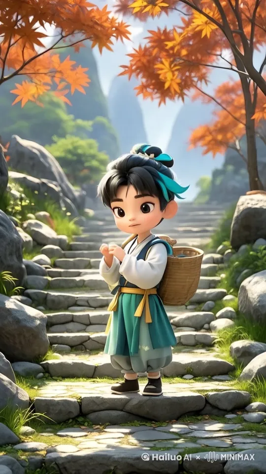 全景镜头移动，小男孩转身爬山，展现出石路的弯延曲折 by Hailuo AI Video Generator