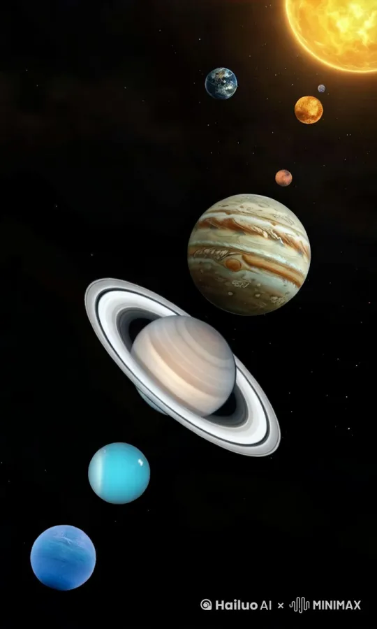 "Grand dynamic panorama of solar system, 8K ultra-detailed rendering showing eight planets orbiting under Newtonian mechanics:
 
Orbital System - All planets follow precise elliptical orbits counterclockwise around central blazing sun (upper right), with gradually increasing orbital spacing, Jupiter's orbit notably wider than inner planets
 
Motion Trajectories - Each planet maintains unique angular velocity (Mercury fast, Neptune slow) strictly obeying Kepler's third law
 
Disappearance Effect - When planets reach lower right quadrant, initiate smooth perspective scaling animation (spanning 15° orbital arc) completing natural fade-out at right boundary
 
Physics Validation - Emphasize orbital continuity through motion blur and trajectory ghosts ensuring perfect alignment on orbital recurrence
 
Visual Enhancements - Saturn's rings maintain 45° tilt, Jupiter's cloud belts show dynamic vortices, Earth with axial rotation effect
 
Background Elements - Static Milky Way background contrasts with dynamic star trails, add translucent orbital HUD interface at lower left" by Hailuo AI Video Generator