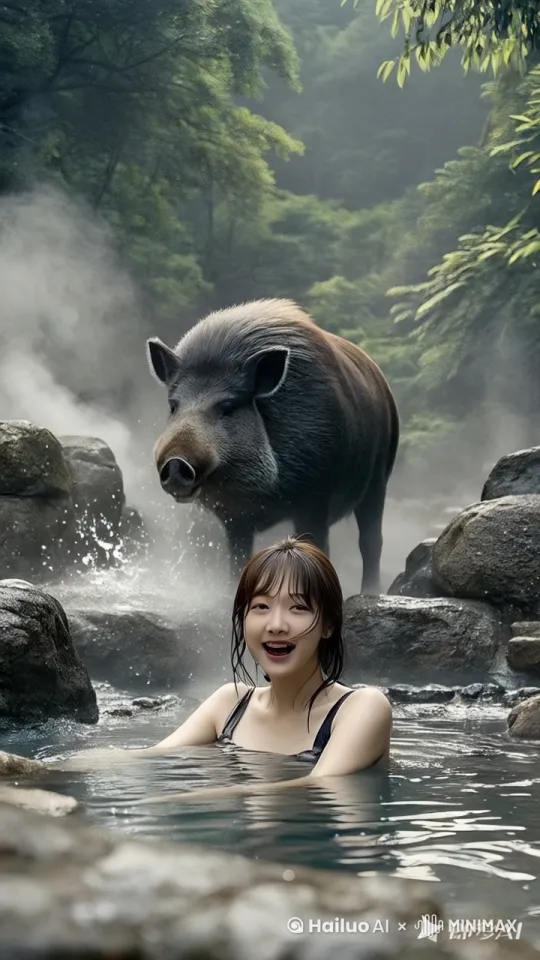 镜头动起来，动态跟随，美女回头发现了野猪，美女和猪在进行激烈的打斗，猪凌空飞踢，踢向美女头部。美女凌空向后躲避，同时挥拳反击。他们身形灵活，招式多变，不断的攻击，躲避，出拳，踢腿。边打边向着更高处飞去。他们的招式刚柔并济，时而是刚猛的直拳，时而是柔美的转身回旋踢。身影交错之间，地面的尘土飞扬而起！
 by Hailuo AI Video Generator