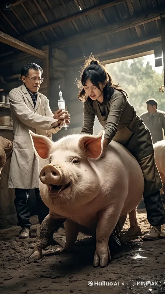 医生举起手里的针，要给猪打针，猪跑开，医生一不小心把针扎在了女人身上，女人疼得跳了起来，踢了猪一脚，镜头移动，动态跟随 by Hailuo AI Video Generator