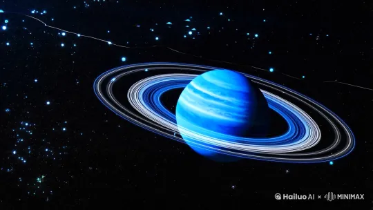 悬浮的蓝色行星，引力与惯性编织宇宙平衡‌,动态光影在椭圆轨道上流转，星辰为幕演绎公转轨迹‌,银白轨迹划破暗物质空间，每秒30公里书写太阳系史诗‌,淡蓝光晕包裹大陆漂移，黑暗天幕点缀文明微光‌.[左移,上升]高质量8k作品。 by Hailuo AI Video Generator