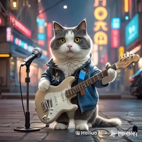 一只穿夹克的猫咪手持电吉他在人来人往的街头卖艺。
一个中年妇女走近正在卖艺的猫咪[左移,推进,右摇]
女人把卖艺的猫咪抱在怀里[推出,上升,下摇]
猫咪闭上眼睛，嘴角上扬[左摇,变焦推进] by Hailuo AI Video Generator