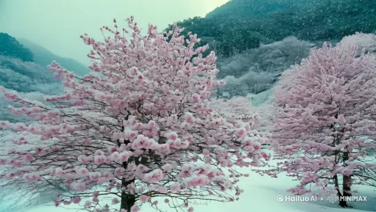山上，桃树林立，枝头开满桃花，大雪纷飞，一个古装白裙女子从远处缓缓走来 by Hailuo AI Video Generator