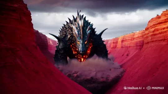Colossal biomechanical kaiju emerging from crimson canyon, hyper-detailed 8K HDR, magma veins pulsating through obsidian scales, dynamic camera movements with earthquake simulations, debris cloud containing boulders the size of buildings, lightning strikes connecting horned crown to storm clouds, thermal vision revealing underground magma chambers, slow-motion capture of bedrock liquefaction, aerial shots showing tectonic plate fractures, volumetric dust storms swallowing helicopter searchlights, glowing energy beam vaporizing mountain peaks, GoPro perspective crushed under clawed foot, infrared color grading with radioactive green highlights, fisheye lens distortion emphasizing monstrous scale, surround sound design with sub-bass growls and infrasound rumbles, final wide shot revealing entire mountain range as skeletal remains. --ar 9:16 --v 6.0 --style raw by Hailuo AI Video Generator