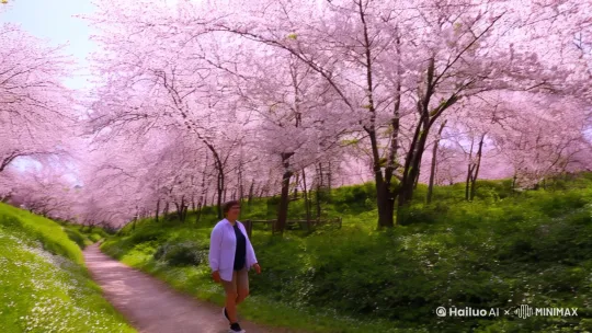 春天行走在美丽的樱花林中 by Hailuo AI Video Generator