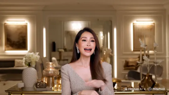 一个美女坐在桌子前，在一个直播间里，嘴巴一直说话，固定视角， by Hailuo AI Video Generator
