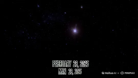 1.太空背景。

2.机打字幕，“时间2025年2月28日”

3.镜头快速拉远展现七星连珠。

4.镜头推近地球，出现波动，大量光点落向地球。

 by Hailuo AI Video Generator