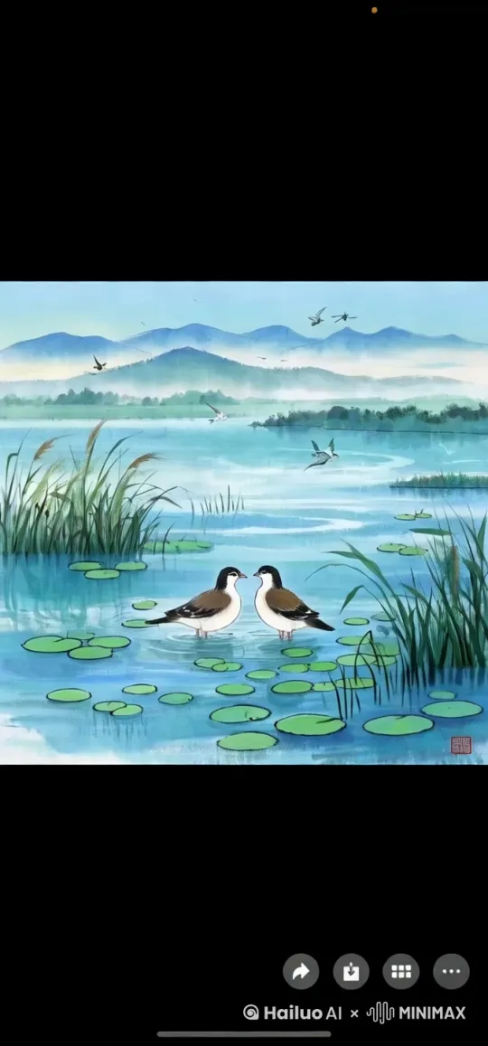 使水鸟动起来，开嘴鸣叫，四周的芦苇随风荡起波纹， by Hailuo AI Video Generator