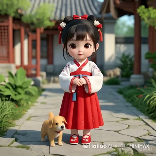 小女孩步履轻盈高兴地向前走，阳光明媚，小狗高兴的跟着跑。 by Hailuo AI Video Generator