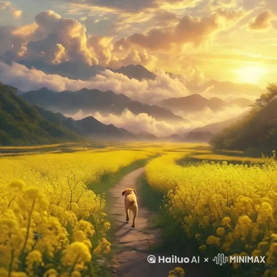 小狗自由快乐的奔跑跑，尾巴左右晃动。镜头推进对准小狗，跟拍 by Hailuo AI Video Generator