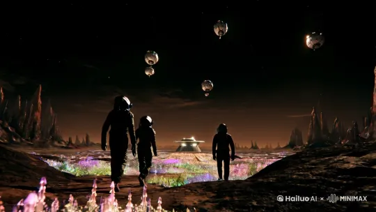 在外星球银河系，三位宇航员孤单的走向基地，大地一片绿洲，天上悬挂着六七颗昏暗的卫星。[推进,下降]  by Hailuo AI Video Generator