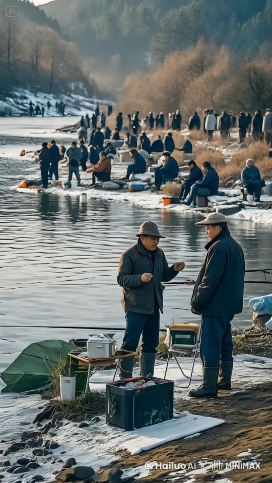 让每个人都快速跳进河里、疯狂抓鱼，水面爆炸、炸出许多鱼，水花四溅。场面壮观，给人眼前一亮的感觉。 by Hailuo AI Video Generator