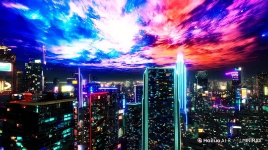 梵高星空笔触 × 赛博朋克城市夜景 by Hailuo AI Video Generator