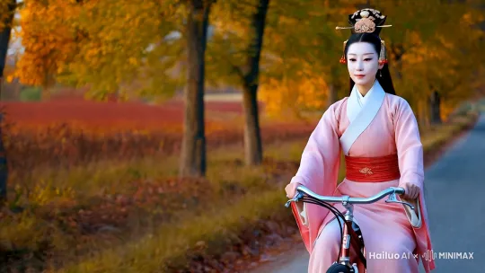 生成古代大眼睛汉服女子骑着自行车无忧无虑的骑行在乡间小路上，要求8K画质，人物无畸形，画面真实 by Hailuo AI Video Generator