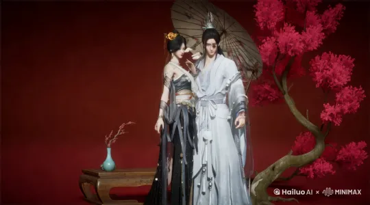请做一个婚礼感的视频，要有花瓣飘落，双人互动最后有接吻动作。 by Hailuo AI Video Generator