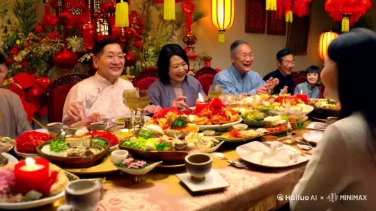 春节是家庭团聚的时刻，一家人围坐在一起，共享丰盛的年夜饭，谈笑风生。这种温馨的氛围让孩子们感受到家庭的温暖和亲情的珍贵 by Hailuo AI Video Generator