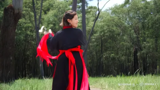 一个女人穿着华丽的黑红汉服，红色飘带环绕全身飘动，舞动手中的剑，头随着剑转动，画面超高清写真，动作流畅自然，镜头左移+上移+推进 跟随 by Hailuo AI Video Generator