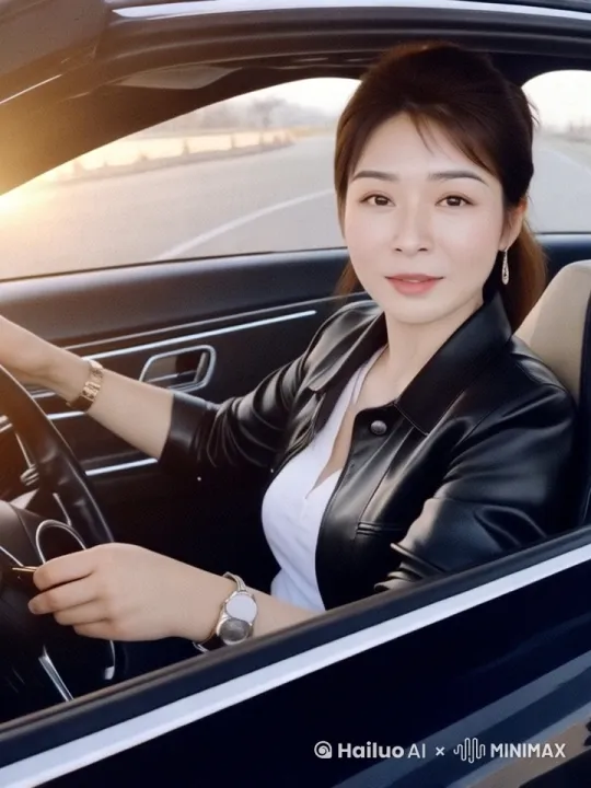 女子面带笑容，开着车往前走，绕过一道道路边有树的公路 by Hailuo AI Video Generator