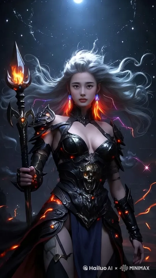 自由运镜，摄像机一百八十度环绕女子拍摄，女子快速抬起权杖垂直敲击地面，地面产生红色雷暴特效，服饰缝隙内置向上流动的能量，头发剧烈的飘动，星座光影变幻。 by Hailuo AI Video Generator