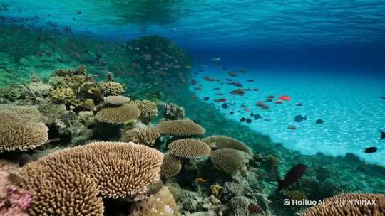 潜入深海秘境，开启一场克莱因蓝的梦境！🌊 

在这里，珊瑚礁是舞台，鱼群是宾客，浪花轻奏交响曲，邀你共赴一场超越时空的海洋盛宴。 

​[推出,上升,下摇][推出,上升,下摇] by Hailuo AI Video Generator