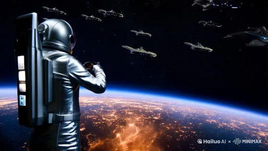 一个宇航员看着太空，太空有很多架宇宙飞船飞行中，还有个别宇宙飞船向别处发射导弹，还有剧烈的爆炸及爆炸造成的火光 by Hailuo AI Video Generator