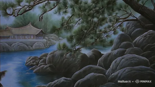 1 山石以披麻皴为主，辅以豆瓣皴表现花岗岩肌理
3. 林木采用李成蟹爪枝法，松针以攒针法点簇
4. 溪水以游丝描勾勒，近岸处施以淡花青晕染
5. 屋宇取法界画，檐角起翘如飞鸟展翼
 by Hailuo AI Video Generator