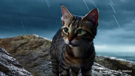一只身形瘦小的流浪小花猫，孤独地蹲在海边的礁石旁。细密的雨丝如银线般纷纷扬扬洒落，打湿了它原本蓬松柔软的毛发，几缕湿漉漉的毛贴在它小巧的脑袋上。它翠绿的眼眸里满是迷茫与无助，望向波涛汹涌的海面，海浪一次次拍打着沙滩，似乎在诉说着无尽的孤独。小花猫时不时用爪子轻轻挠挠被雨水浸湿的耳朵，嘴里发出微弱的“喵喵”声，声音被风雨迅速淹没。沙滩上只有它那小小的、模糊的脚印，在风雨中显得格外寂寥 。 by Hailuo AI Video Generator