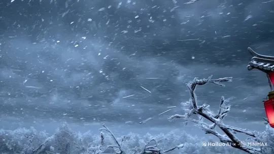 [史诗级暴风雪] [8K晶体雪花] [慢镜头粒子轨迹]×1.5，  
[水墨晕染天空] [朱红灯笼剧烈摇晃] [枯枝冰挂断裂特写]，  
[雪龙卷环绕镜头] [古建筑飞檐积雪坍落] [逆光冰尘丁达尔]，  
[动态权重参数：暴雪密度0.9|寂静感0.7|压迫感0.6]，  
[赛博朋克虹彩冰晶] [梅花香气可视化粒子] [禅意留白帧]； by Hailuo AI Video Generator