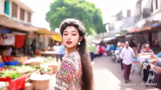 美女在热闹的菜市场唱歌跳舞买菜 by Hailuo AI Video Generator