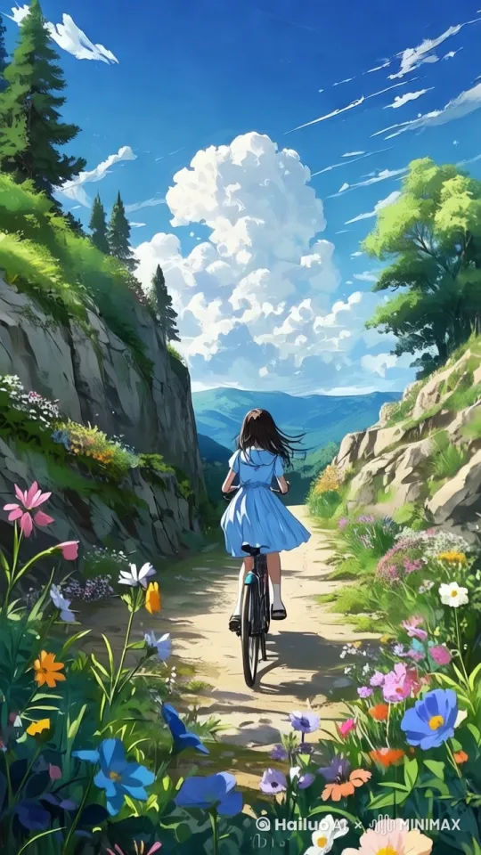 快速跟随镜头移动，让图片中的小女孩骑着自行车快速往前走，周边的花草微微随风晃动，画面起始一致 by Hailuo AI Video Generator