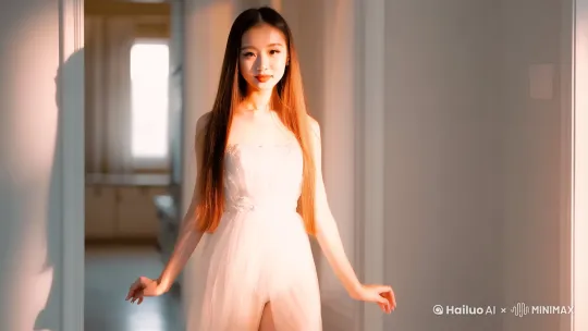 视频创作，主题要求是中国漂亮的小姐姐，你美得像坠落凡间的天使，清新脱 俗，头发柔顺，全身照，姿态优雅，大师镜头， 超清，背景唯美，背景纯色朦胧唯美，眼神温柔 清澈，穿着暴露有着色诱的眼神，站在家里的走廊，画面轻盈，丁达尔光， 大长腿，全身照，画面明亮，温馨的画面中你跳起了妩媚的舞蹈，生成时长是8秒 by Hailuo AI Video Generator