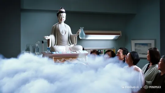 观音手持净瓶，踏祥云而来，梵音空灵悠远降临病房，牵着往生老人灵魂，在一片祥和中，众亲友目送老人，随着菩萨消失在病房中 by Hailuo AI Video Generator