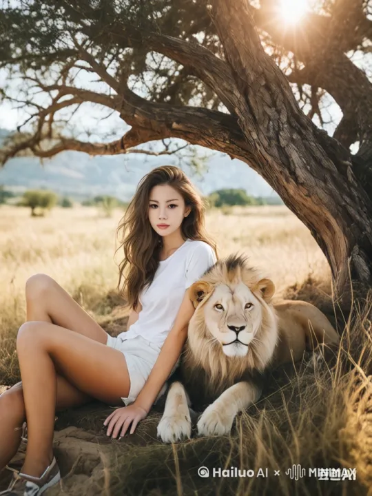 成发长发飘飘的美女，和，雄狮，在非洲草原一颗大树下互相依靠自然 by Hailuo AI Video Generator