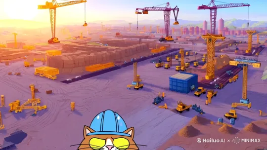 【场景1：工地入场】
运镜：航拍俯视工地全景→下摇至胖猫特写
环境：烈日当空/塔吊运转声/电钻轰鸣声
胖猫：（仰头眯眼擦汗，安全帽歪戴）"喵了个咪...说好建国后不许成精，这破系统bug咋还没修复！"
工头画外音：（四川口音喇叭声）"那个戴白手套的！别偷懒！"

【场景2：搬砖作业】
运镜：低角度跟拍→环绕镜头→汗水特写
（胖猫双爪托着三块红砖踉跄前行）
工友黑猫：（叼烟痞笑）"肥仔，你这吨位搬砖有优势啊！" 
胖猫：（喘粗气）"你懂...这叫...重力势能...转...转化为动能..."（砖块滑落声）

【场景3：午间休息】
运镜：倾斜构图→推镜头至饭盒
（胖猫瘫坐钢筋堆，爪抖着掏饭盒）
工友橘猫：（递过矿泉水）"兄弟，喝点？"
胖猫：（爪颤接水）"谢了...这年头当猫...都得考搬砖证..."（安全帽水滴特写）

【场景4：夕阳收工】
运镜：逆光剪影→升格慢动作
（胖猫蹒跚走向打卡机）
打卡机："指纹验证失败，请重试"
胖猫：（炸毛摔帽）"淦！肉垫太厚怪我咯？！"
（转场：渐隐渐显→星空下蜷缩睡姿）

【转场特效建议】
1. 砖块坠落时做帧冻结→切下一场景
2. 汗水滴落用粒子特效强化晶莹感
3. 星空场景叠加猫爪形光斑滤镜

【音效标注】
- 金属撞击声：00:12/00:34
- 喘气声循环：贯穿搬砖段落
- 电子合成音效：打卡机报错时增加故障音 by Hailuo AI Video Generator