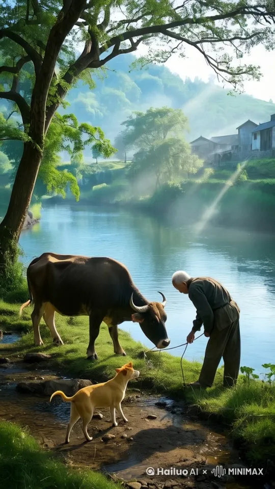 真实摄影,超细节,16K 超清画质,HDR 效果。视频开场,画面呈现中国南方一处宁静的小山村,正值春天清晨。(镜头景别)采用全景镜头,展现小山村溪边的整体景致,一条清澈的小溪潺潺流淌,溪面升腾起朦胧烟雾,阳光穿过高大且枝叶茂盛的榕树,洒下斑驳光影。(画面主体)溪边,一头健壮的水牛原本正悠闲吃草,一位身着质朴布衣的中国老头手握牛绳站在水牛前,一条毛色鲜亮的黄狗摇着尾巴在老头前方。(情节转折)突然,水牛毫无征兆地发怒,牛头低垂,双目圆睁,前蹄刨地,而后猛地向老头冲去,气势汹汹。(主体细节)但老头临危不乱,瞬间展现出中国功夫高手的风范,只见他扎稳马步,眼神锐利,双手迅速摆出防御架势。待水牛冲近,他巧妙侧身,一个利落的“顺手牵羊”招式,借水牛冲力使其身形偏移。紧接着,老头飞起一脚,精准踢在水牛侧腹。水牛受击后,仍倔强转身再次攻击,老头则一个箭步上前,施展擒拿手法,紧紧锁住水牛颈部,水牛挣扎一番后,终于被制服。(环境氛围)四周青山环绕,远处农舍错落,在这场突发冲突中,原本宁静的氛围被打破,只闻水牛的嘶吼、老头的呼喝以及黄狗在一旁狂吠助威声,空气中弥漫着紧张与尘土气息。(光线色彩)清晨阳光呈暖黄色调,却因紧张氛围显得有些刺眼,阳光透过榕树缝隙,在打斗现场形成明暗交错的光影,增强画面紧张感。(构图视角)将老头与水牛的搏斗场景置于画面中心,黄狗在一侧,榕树、小溪及远山为背景。随着搏斗动作,镜头适时拉近、拉远或切换角度,如特写老头坚定的眼神、水牛愤怒的表情,全景展示搏斗整体动作,生动展现这场激烈冲突,让观众身临其境感受紧张刺激的氛围。 by Hailuo AI Video Generator