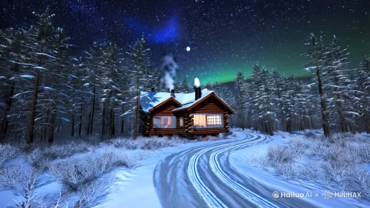 "Ultra realistic 4K winter scene cinematic video, 10 seconds duration, 8K resolution upscaled from 4K source, Unreal Engine 5 rendered, Octane Render quality, ultra detailed photorealistic snowscape. Centered on a quaint log cabin with smoking chimney, surrounded by dense pine forest completely covered in fresh snow. Icy winding country road leading to cabin with fresh tire tracks in snow. Heavy snowfall with dynamic snowflakes physics, accumulating on surfaces. Northern lights dancing in starry galaxy-like sky with Milky Way visible, moonlight casting soft blue shadows. Hyper-detailed elements: individual snow crystals on pine needles, frosted window panes with interior glow, drifting snow mist on road. Cinematic dynamic camera movement: opening with wide establishing shot slowly zooming in to cabin, ending with crane shot revealing cosmic sky. Professional color grading with cool teal and magenta tones, HDR lighting with realistic light scattering through snowfall. 32 samples anti-aliasing, motion blur enabled, 60fps interpolated from 30fps source." by Hailuo AI Video Generator