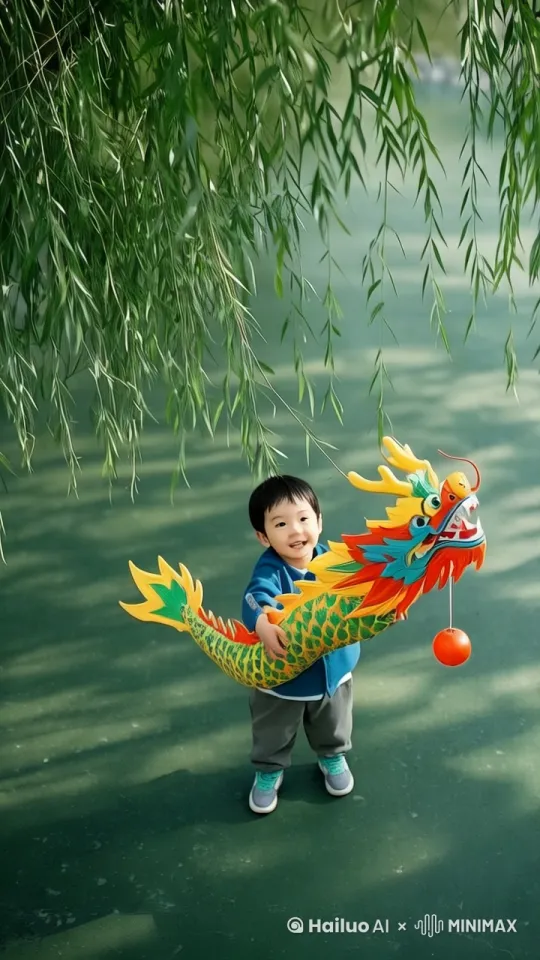 小孩子举着彩龙玩具向前高兴的跑着。 by Hailuo AI Video Generator
