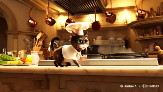 一只猫咪一只猫咪在做饭。 by Hailuo AI Video Generator