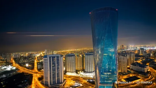 1. 大楼全景+LOGO浮现：
"Night aerial view of glass skyscraper with glowing '海南天毅和' vertical signage, drone circling around building, sudden burst of golden sparks forming company logo (stylized H+Y emblem) at 30% opacity overlay, cinematic anamorphic flare --ar 9:16 --v 6"

2. 烟花LOGO大特写：
"Macro shot of purple/gold fireworks exploding into precise company logo shape, each spark branch maintaining logo integrity, light trails forming secondary '文化传播' characters, bokeh background with building silhouette --ar 9:16 --v 6"

3. 三维粒子定版：
"Floating company logo hologram surrounded by dissolving fireworks particles, dynamic camera orbiting around 3D model, cyan-gold color grading (C60 M40 Y0 K20), light rays穿透效果 --ar 9:16 --v 6" by Hailuo AI Video Generator