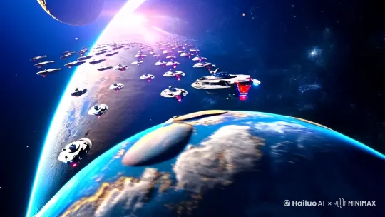 [左移,推进,右摇]就在地球环境急速恶化、天体辐射不断增强之时，人类终于按下了逃生的按钮。数几十艘搭载着希望与绝望的飞船，飞往太空，飞出太阳系。
[右移,左摇,跟随]从太空中逐渐拉近飞船舰队的排列，随后镜头切换至飞船内部，人们紧张而又坚定的表情跃然屏幕上。背景音乐节奏逐渐加快，仿佛预示着人类命运的急转直下。 by Hailuo AI Video Generator