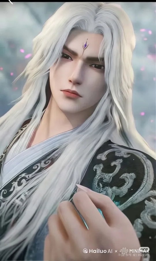 男人的眼神慢慢抬起，风吹动他的白发，镜头上移、跟随、拉进 by Hailuo AI Video Generator
