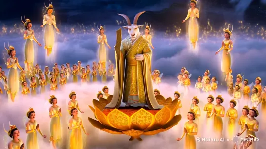 画面中心，睿智的山羊大师稳稳站在极乐世界绚烂绽放的莲花座上，周身散发柔和金光。它手持古朴精致的扇子，优雅挥动，口中念念有词，进行着智慧的授课。周围，众多身姿飘逸、通体散发金色光辉的仙人环绕，他们虔诚聆听，沉浸在山羊大师的教诲之中。
极乐世界，云雾缭绕，一座巨大的莲花座悬浮半空。山羊大师身着华丽服饰，庄重地站在莲花座上，手中扇子轻轻摆动，带动丝丝金芒飘散。在它的身旁，一群金色仙人姿态各异，有的闭目沉思，有的面露微笑，围绕着山羊大师，全神贯注地听着授课。
梦幻的极乐世界，光线璀璨。山羊大师站在圣洁的莲花座之上，犹如神圣的智者。它挥动着带有神秘符文的扇子，每一次挥动都迸射出金色光芒。此时，众多金色仙人似繁星般围绕，他们悬浮空中，双手合十，专注地聆听山羊大师讲学。 by Hailuo AI Video Generator