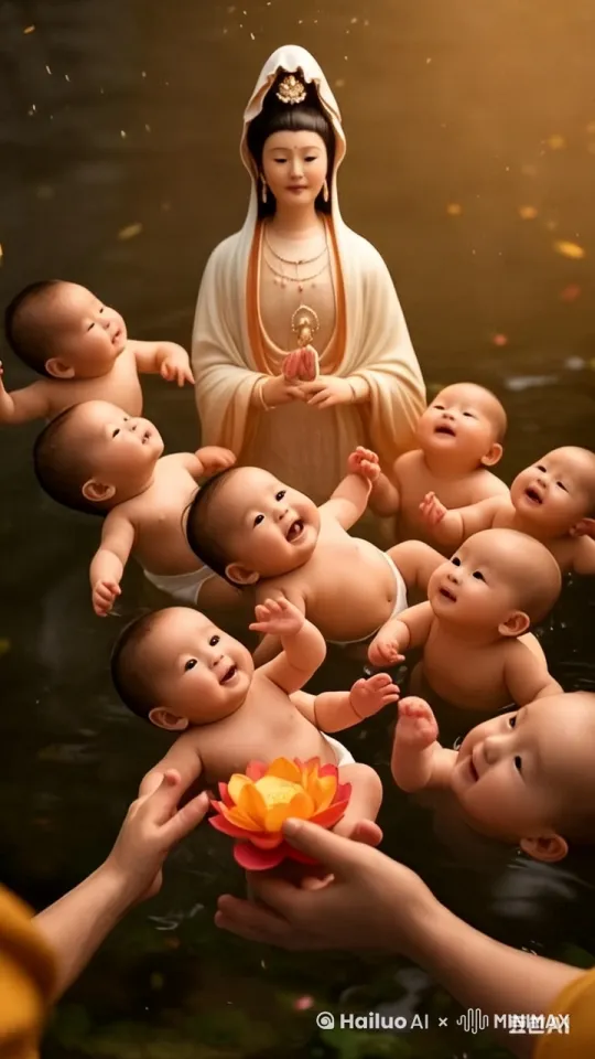 小孩们手舞足蹈，笑的可开心了，观音嘴吧念念有词随着镜头缓慢移动 by Hailuo AI Video Generator