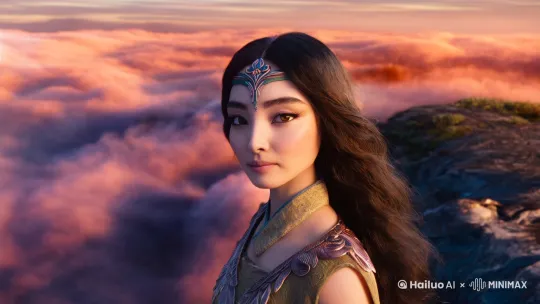 一个狼族东方美女站在一座险峻的山峰顶上,绝美的面容上,一双漂亮的大眼睛忧郁的注视着远处的云海,发丝随风飘动,夕阳照耀下,火红色的云海缓缓翻滚,艳丽绝伦,一只巨大头上长着独角的花豹慢慢从美女身后走近,并在她的附近停下,露出温和的表情,写实,浪漫唯美,大师级运镜,烟雾粒子 by Hailuo AI Video Generator
