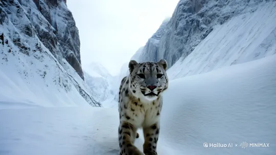 在雪山峡谷中遇见一只雪豹迎面走来 by Hailuo AI Video Generator
