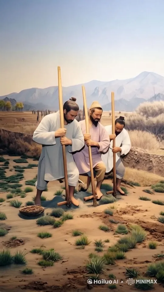 农夫们举起手中的长棍向地里用力地扎进去，然后用脚踩住棍子上的横梁，好让长棍在地上扎得更深些。扎完后农夫们一起后退一步再举起长棍往地里扎，如此反复。 by Hailuo AI Video Generator