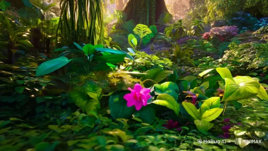 热带雨林秘境，各种热带雨林植物，奇幻童话风格，小人族，3D效果栩栩如生，超现实主义美学，超微距镜头，超凡精细度，顶级清晰度，神级配色，电影级光照，顶级构图，梦核，8k分辨率，大景深，广角镜头 by Hailuo AI Video Generator